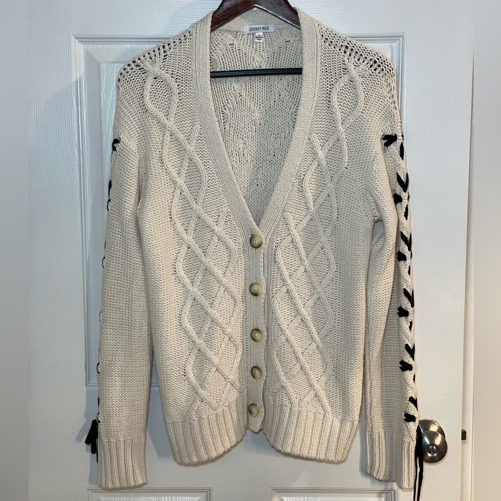 Johnny Was Anessa Cable Knit Cardigan Large Cream Black Lace Up Bow Sweater